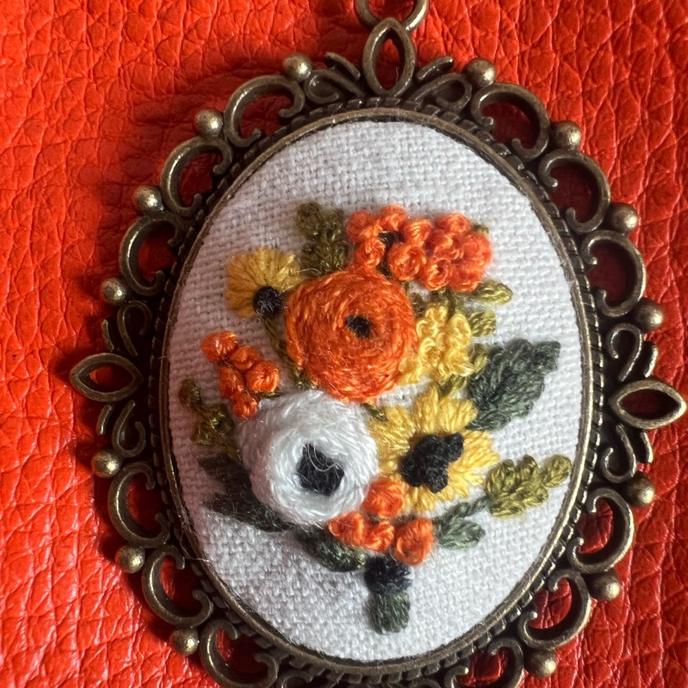 Floral Embroidered Pendant with Ornate Frame